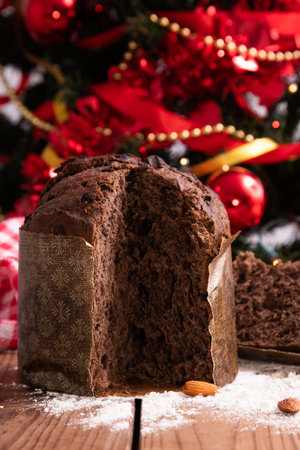 chocolate panettone with christmas decorationsの写真素材