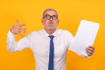 businessman with documents isolated on background with surprised expressionの写真素材