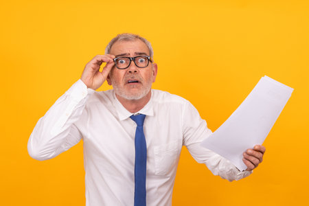 businessman with documents isolated on background with surprised expressionの写真素材
