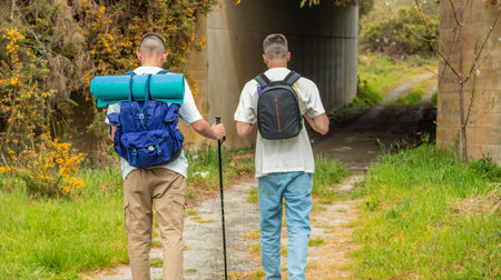 friends hiking or pilgrimage with backpack in nature
