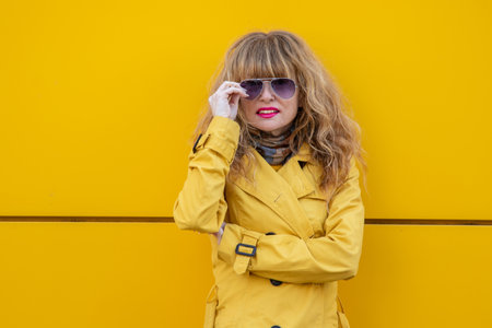 portrait of adult woman on the yellow wallの写真素材