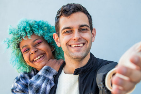 portrait of multiracial couple smiling happyの写真素材