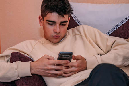 young teenager boy looking at mobile phone on the sofa at homeの写真素材