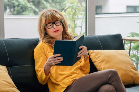 woman in the living room reading a bookの写真素材