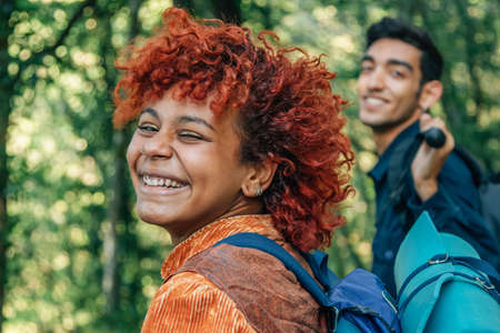 happy young people smiling travel, hikingの写真素材
