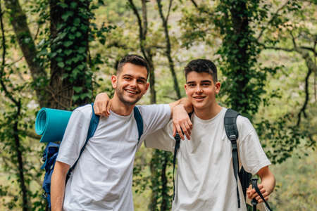 travel friends on nature hikingの写真素材