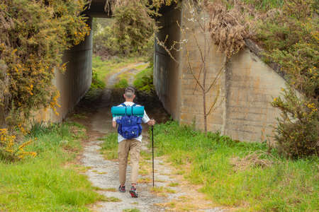 young man with backpack hikingの写真素材