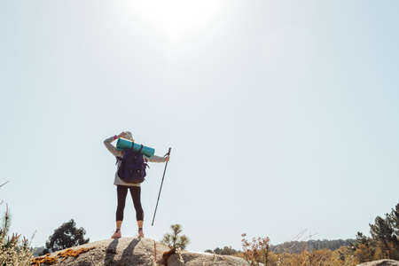 woman with backpack on the mountain peakの写真素材