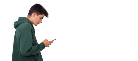 young teenager or student isolated with mobile phoneの写真素材