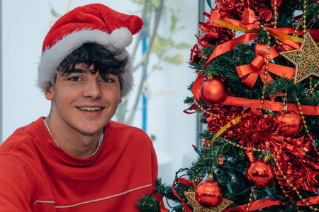 teenage boy decorating christmas tree at home with santa claus hatの写真素材