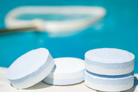 chlorine tablets for maintenance and cleaning of swimming pool waterの写真素材