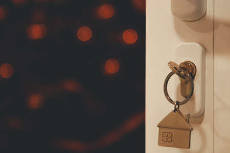 keys in open door lock with christmas tree inside houseの写真素材