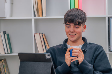 teen boy at home with cup looking at computer or screenの写真素材