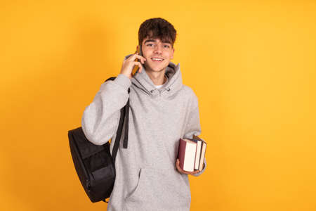isolated student with mobile phone