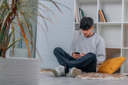 young man at home with mobile phoneの写真素材
