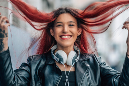 portrait of smiling girl with hair in the wind smiling