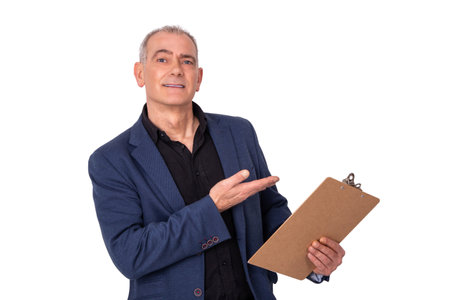 isolated business man with document folder pointingの写真素材