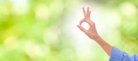 hand with okay sign on green backgroundの写真素材
