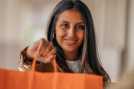 fashionable latin american young girl with shopping bagsの写真素材