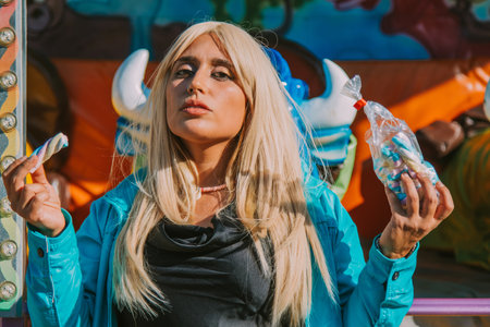 woman eating candy at amusement park or fairの写真素材