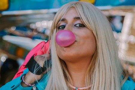 girl with gum making a balloon in the amusement park