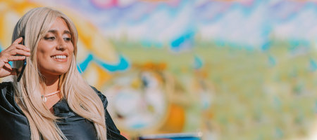 woman talking on mobile phone at the fair or amusement parkの写真素材