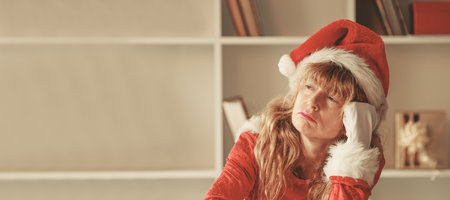 santa claus woman with hat and bored expressionの写真素材