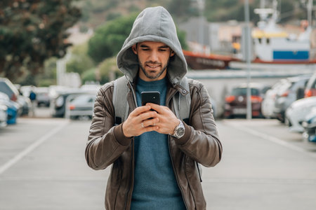 man walking with mobile phone and backpack in the city street, travel and tourism