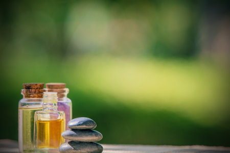 bottles of massage and spa oils and salts