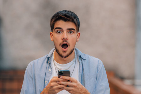 young man in the street with phone and expression of surpriseの写真素材