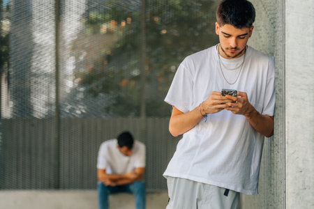 young people with mobile phones on the city streetの写真素材