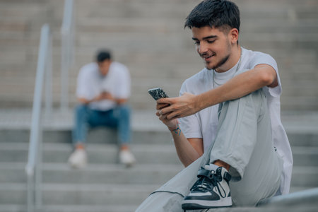 young millennials in the street with mobile phones