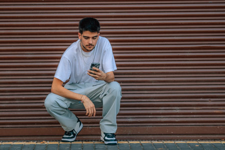 young urban trendy millennial on the street with mobile phone