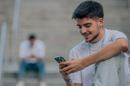 young millennials in the street with mobile phonesの写真素材