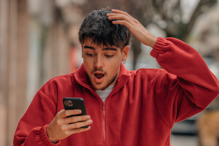 young man with mobile phone in the street with surprised expression