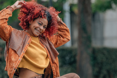 girl on the street happy smiling out loudの写真素材