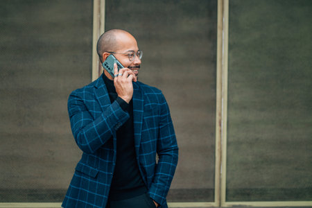 young latin man talking on mobile phone in the street