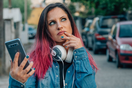 urban girl with mobile phone and pensive expression in the streetの写真素材