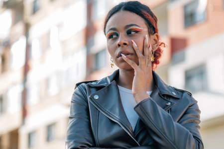 portrait of urban girl with makeup outdoorsの写真素材