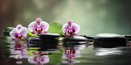 zen basalt stones and orchid flower on the water with reflectionの素材