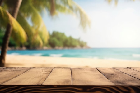 wooden background with tropical beach landscape, generative aiの素材
