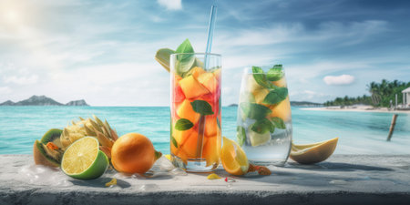 summer tropical cocktails and drinks with beach background, generative aiの素材