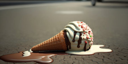 melted ice cream on the asphalt in the heat wave in summer, generative aiの素材