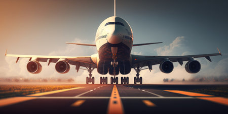 airplane taking off or landing on airport runway, generative ai illustrationの素材
