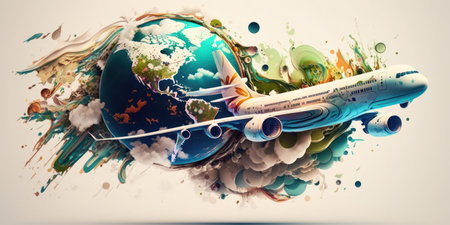 passenger travel plane flying around the globe, generative ai illustrationの素材