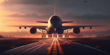 airplane taking off or landing on airport runway, generative ai illustrationの素材