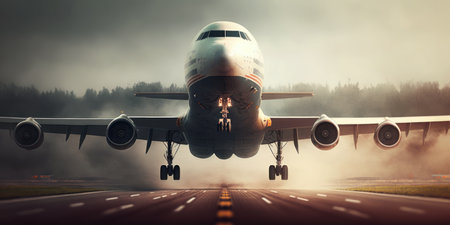 airplane taking off or landing on airport runway, generative ai illustrationの素材