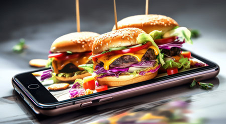 mobile phone with fast food screen, home delivery, generative aiの素材