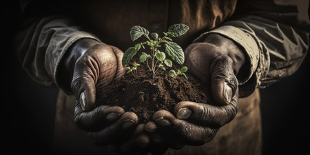 close-up of hands of old man with young plant, generative aiの素材