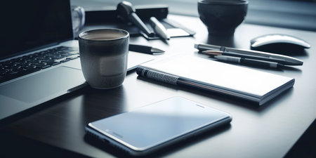 working office desk with mobile phone, generative, aiの素材
